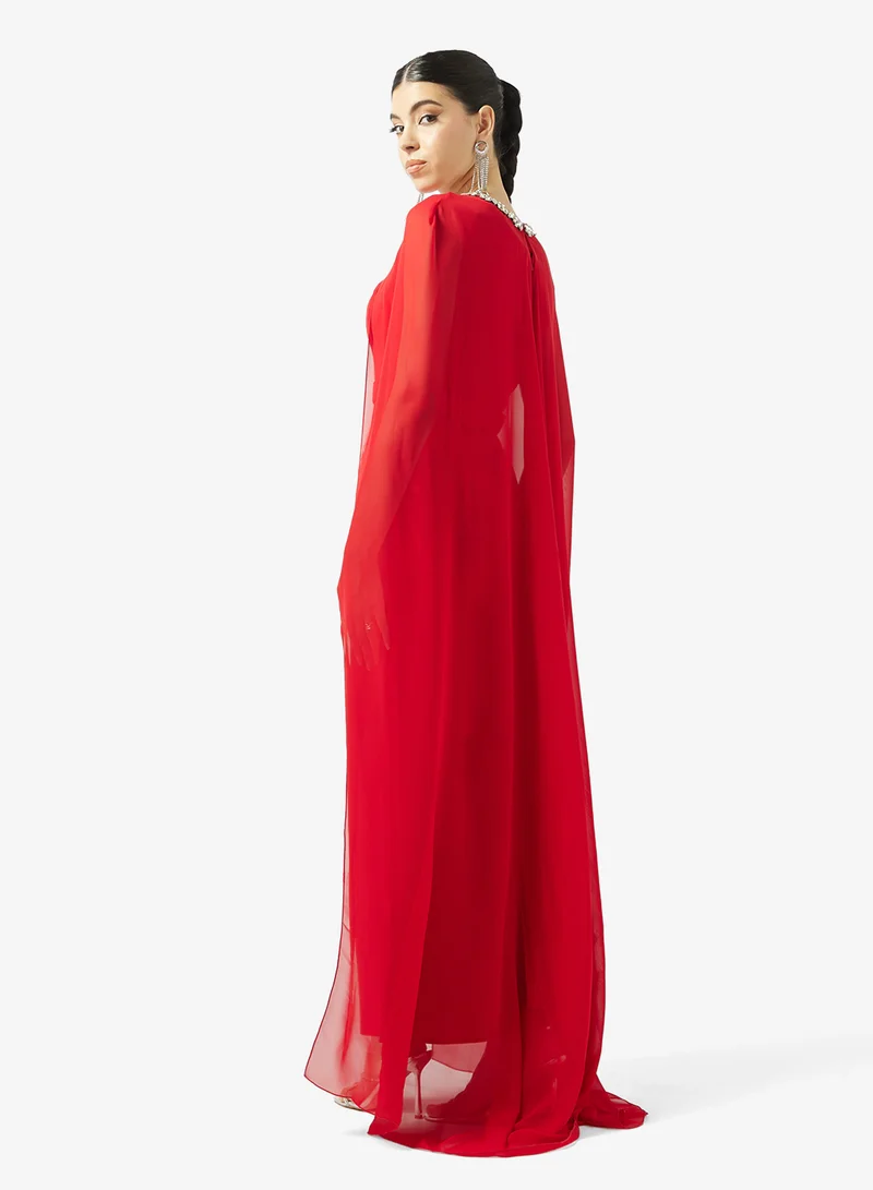 Akadia Fashion CRYSTAL NECK FLUTE SLEEVE CREPE